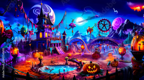 Painting of amusement park with pumpkins and clock tower in the background. © Констянтин Батыльчук