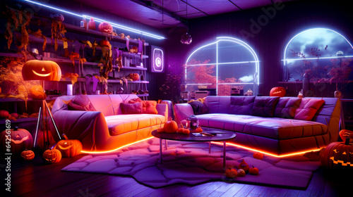 Living room filled with lots of furniture and neon light on the wall.