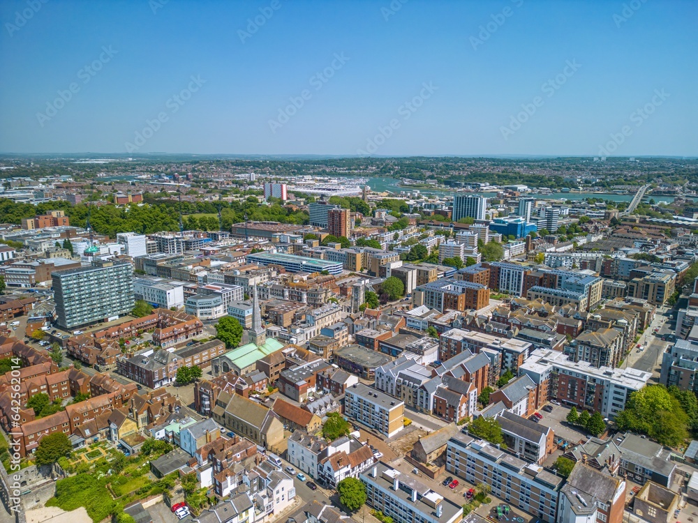 The drone aerial view of downtown district of Southampton, England. 