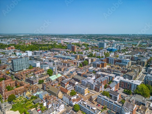 Fototapeta Naklejka Na Ścianę i Meble -  The drone aerial view of downtown district of Southampton, England. 