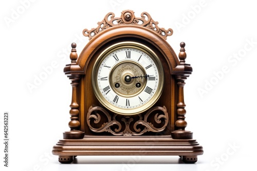 Beautiful old antique wooden clock winding up is a rare item with a high price on a white background.