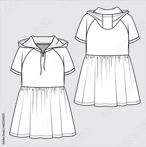 DROP SHOULDER SHORT BOXY SLEEVES HOODED SWEAT DRESS FOR WOMEN TEEN GIRLS WEAR VECTOR ILLUSTRATION