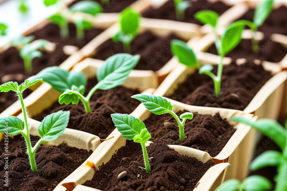 Tomato seedlings.The seedling of the bushes of tomatoes of different varieties. Sown tomatoes in cardboard peas with peat content. Tomato seedlings.The seedling of the bushes of tomatoes of different varieties. Sown tomatoes in cardboard peas with peat content.