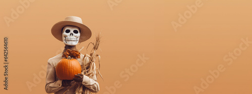 Halloween man scarecrow holding a pumpkin with space for text, spooky celebration style banner with copy space