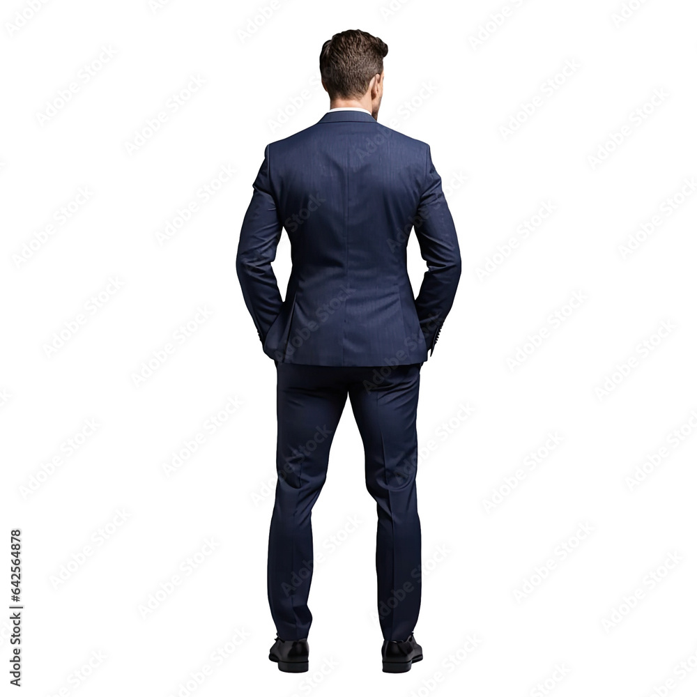 Young businessman in a navy blue suit standing isolated on a ...