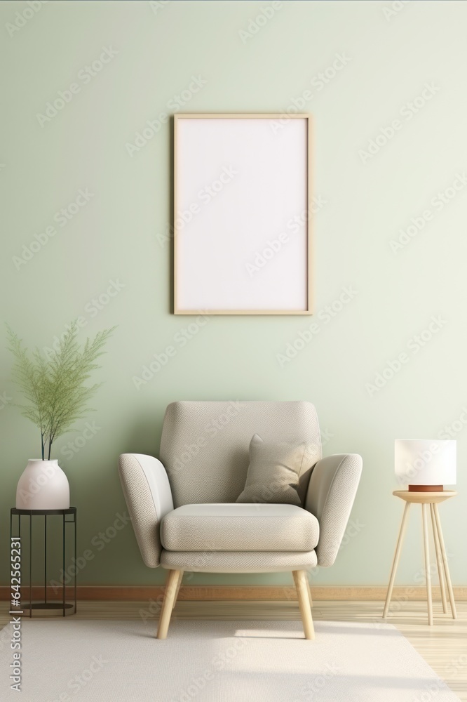 Minimalist room with a feminine touch, featuring a blank poster mockup Minimalist room with a feminine touch, featuring a blank poster mockup