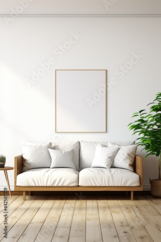 Cozy living room ambiance with wooden floors and a white blank wall mockup for displaying art.