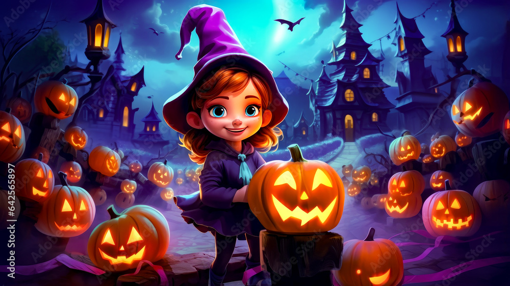 Little girl in witches costume standing in front of pumpkin patch. Little girl in witches costume standing in front of pumpkin patch.