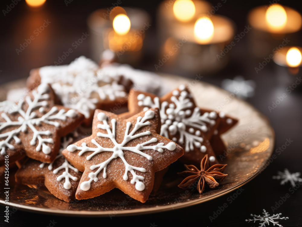 Ai generation. Christmas cookies in the form of snowflakes on a plate. Ai generation. Christmas cookies in the form of snowflakes on a plate.
