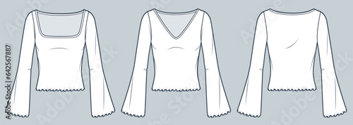Bell Sleeve Shirt technical fashion illustration. Long Sleeve Tee Shirt fashion technical drawing template, lettuce hem, square neck, v-neck, slim fit, front, back view, white, women CAD mockup set.
