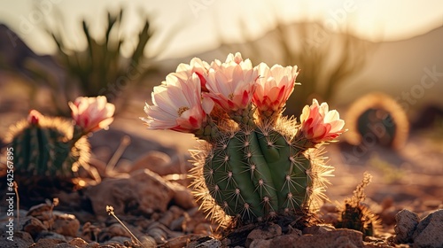 Fotografiet A cactus flower bloom in the desert, captured during sunset, showcasing its resilience and beauty
