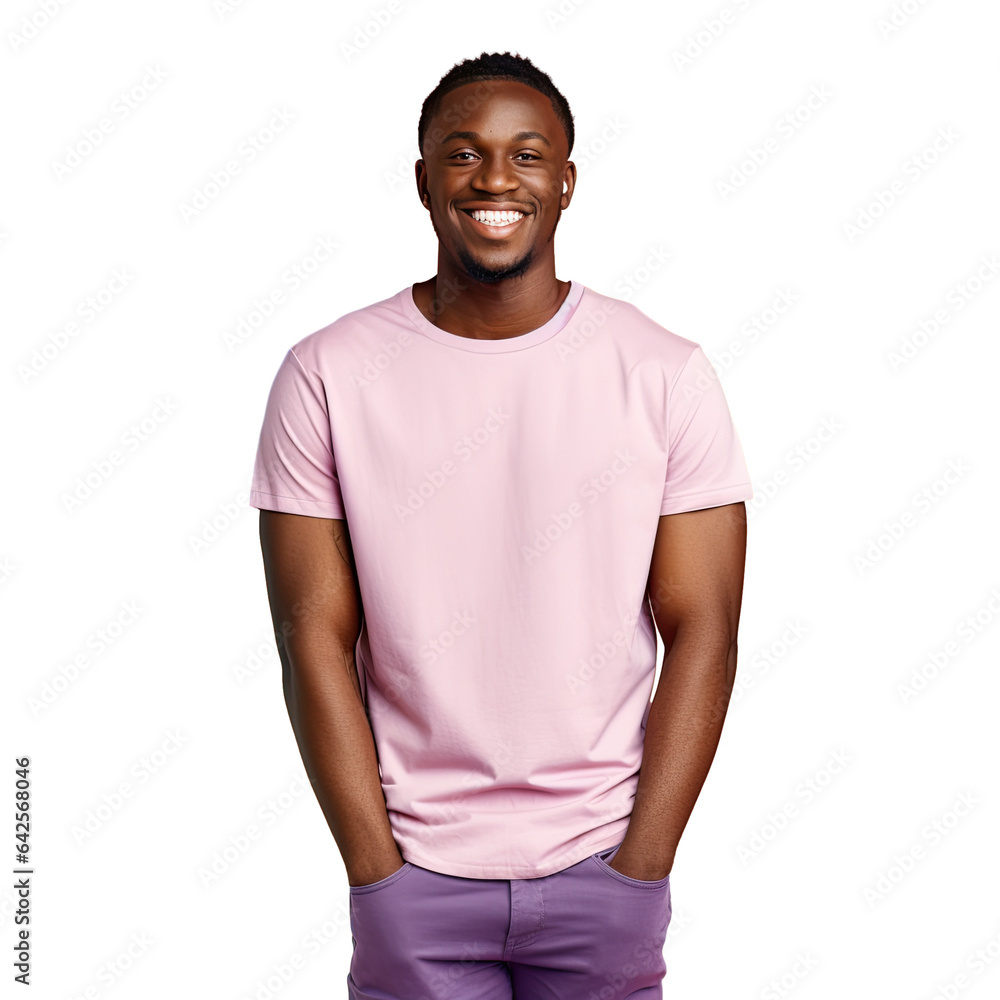 Studio portrait of a young African American man in his 20s wearing a casual orange t shirt smiling and looking sideways with his hands crossed against a pastel transparent background Studio portrait of a young African American man in his 20s wearing a casual orange t shirt smiling and looking sideways with his hands crossed against a pastel transparent background