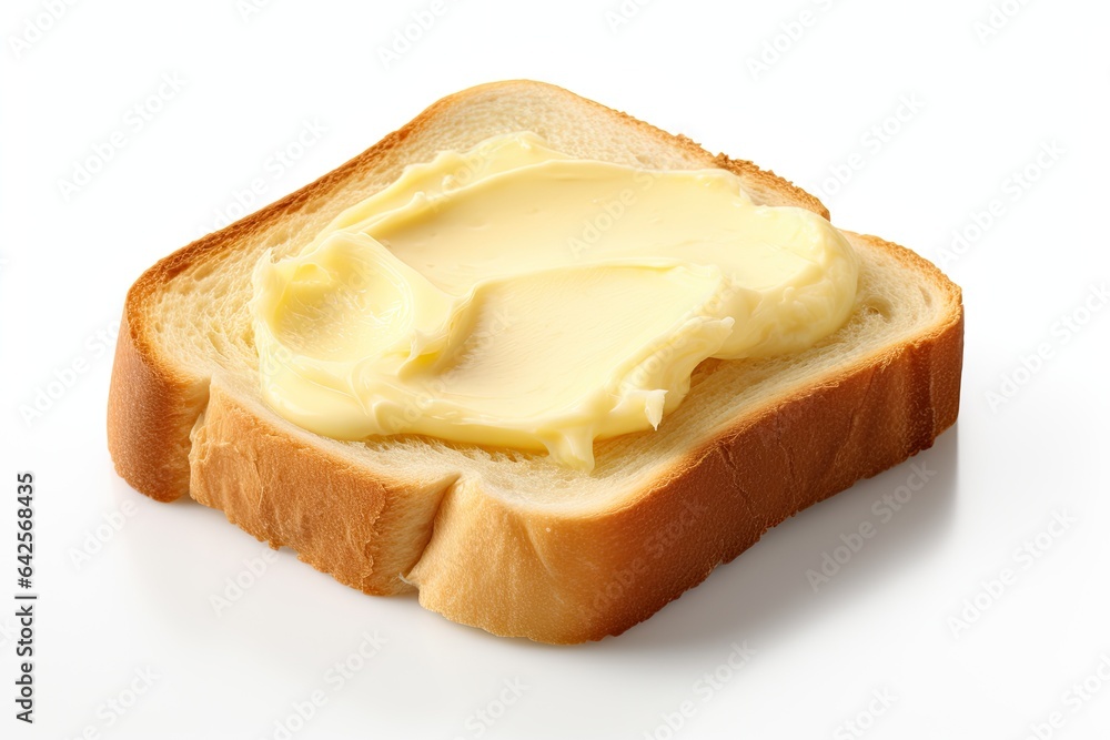 Creamy butter spread over a fresh slice of bread, isolate against a clean, white backdrop. Generative AI Creamy butter spread over a fresh slice of bread, isolate against a clean, white backdrop. Generative AI