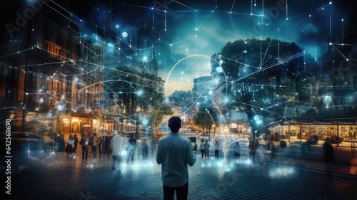 a smart city, where intelligent communication networks interconnect through a web of wireless technologies. The scene reflects the synergy between urban life and cutting-edge connectivity.
