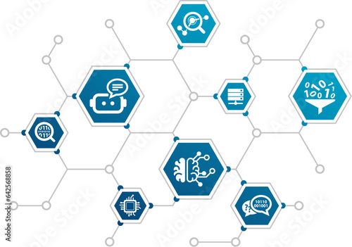 Chatbot vector illustration. Blue concept with icons related to generative AI model, artificial intelligence, interactive AI bot assistance & conversation, machine learning & big data interface.