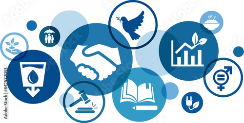 Sustainable development vector illustration. Blue concept with icons on global development, sustainability, ecology & economy, social equality, justice & education, industry growth & development.