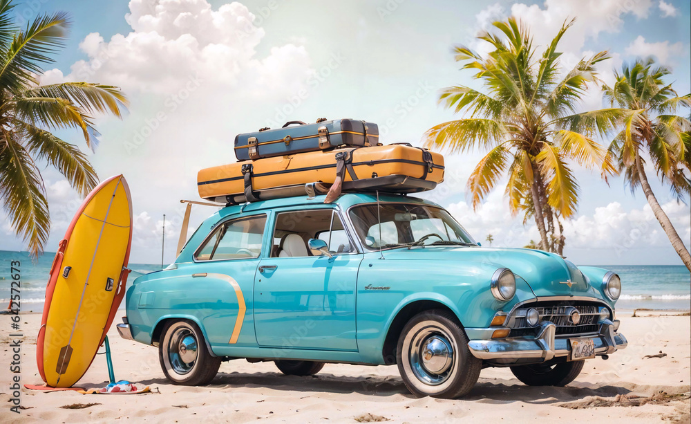 Retro car with surfboard and suitcases on a beach with palms. Summer concept for banner ((copy space)) - obrazy, fototapety, plakaty 