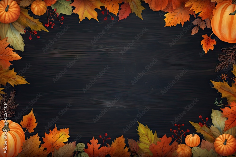 Autumn frame with cute colorful leaves and pumpkins. Thanksgiving and Harvest day trendy dark background with beautiful leaves. Fall leaf border with copy space
