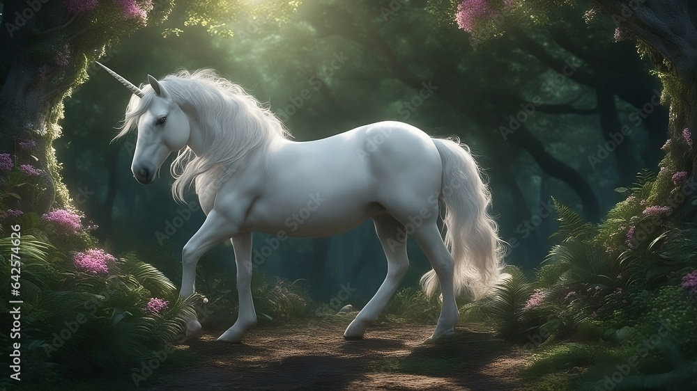 white horse unicorn runs gallop in the forest