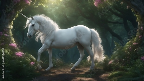 Foto white horse unicorn runs gallop in the forest