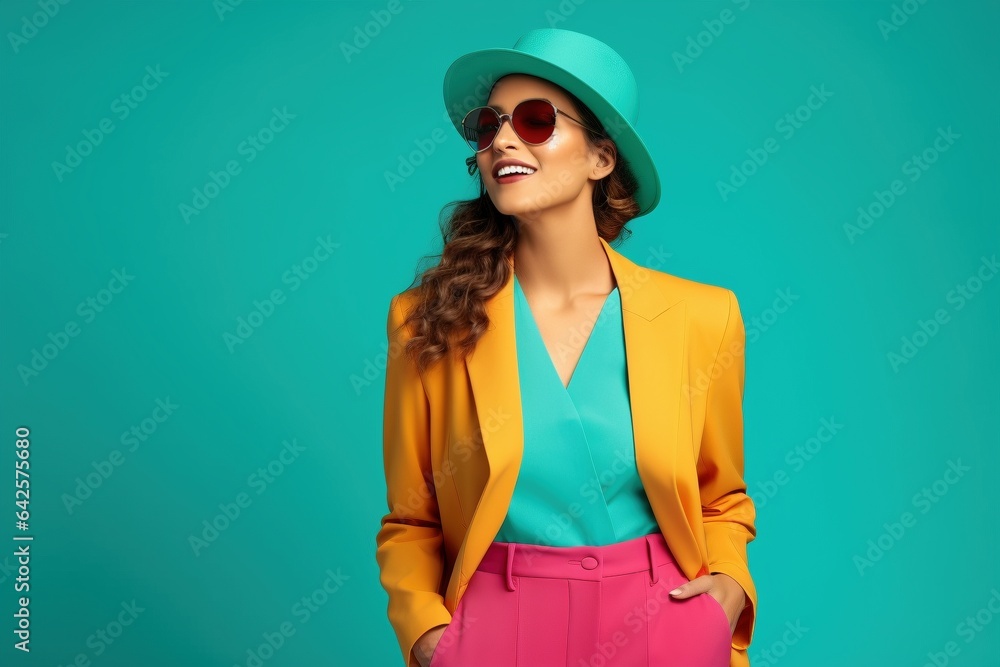 female in smart dress wearing vibrant colored suit on plain background