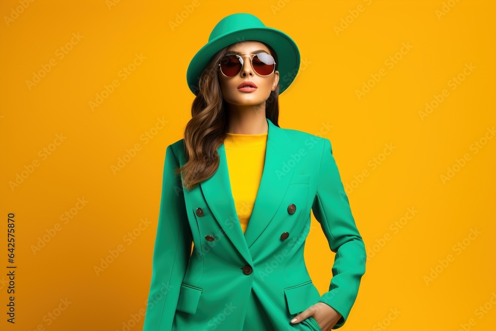 female in smart dress wearing vibrant colored suit on plain background female in smart dress wearing vibrant colored suit on plain background