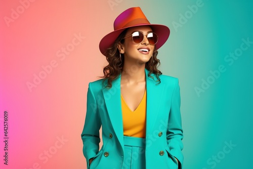 female in smart dress wearing vibrant colored suit on plain background