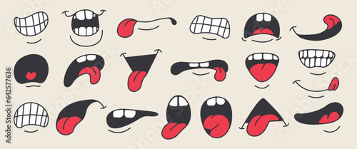 Set of 70s groovy comic faces vector. Collection of cartoon character faces  mouths in different emotions happy  angry  sad  cheerful. Cute retro groovy hippie illustration for decorative  sticker