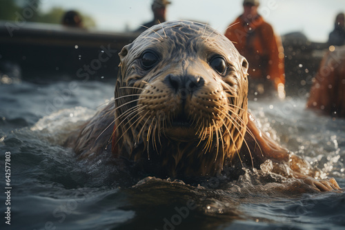 A conservationist releases a rehabilitated seal back into the ocean, celebrating successful efforts to support marine wildlife populations. Generative AI.