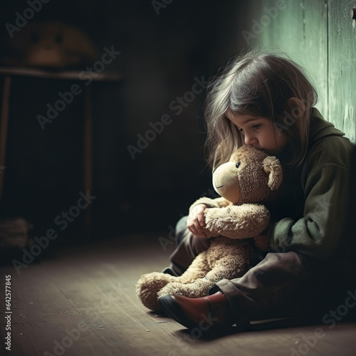 sad little girl hugging a soft toy photo