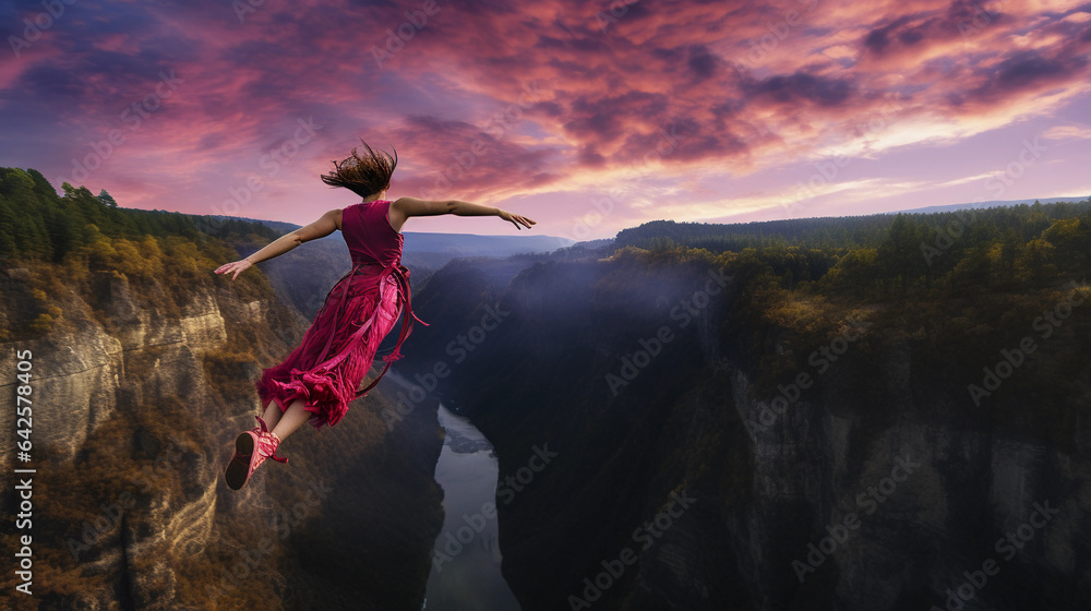 Bungee jumping off a cliff, tension in the ropes, vibrant hues, bold