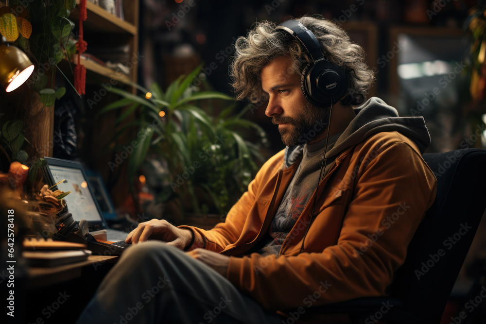 A student sits in a cozy corner at home, engaged in a virtual class, highlighting the convenience and flexibility of remote learning. Generative AI. A student sits in a cozy corner at home, engaged in a virtual class, highlighting the convenience and flexibility of remote learning. Generative AI.