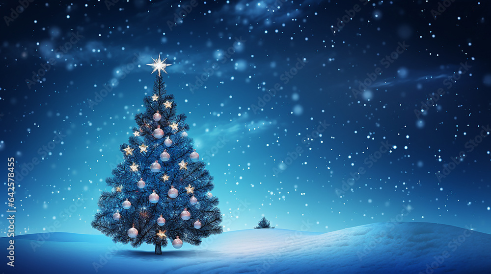 Christmas background with Christmas tree and snowflakes, 3d render