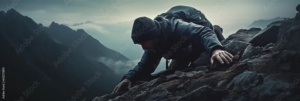Mountain climber reaching the peak, immense sense of achievement, misty mountains, chiaroscuro lighting