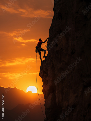Rock climber silhouetted against setting sun, extreme ascent, sense of scale and verticality, vibrant orange and dark contrasts, rule of thirds composition