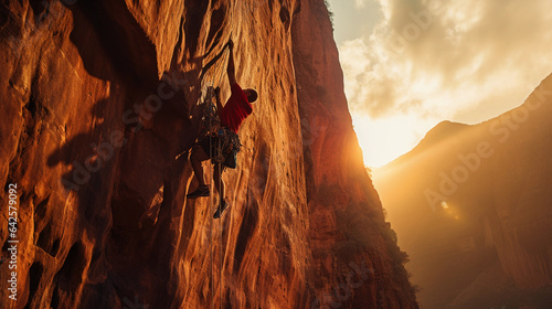 Rock Climbing Extreme: High - angle shot of a rock climber hanging off a vertical cliff, the strain and focus visible, colorful climbing gear, late afternoon sun