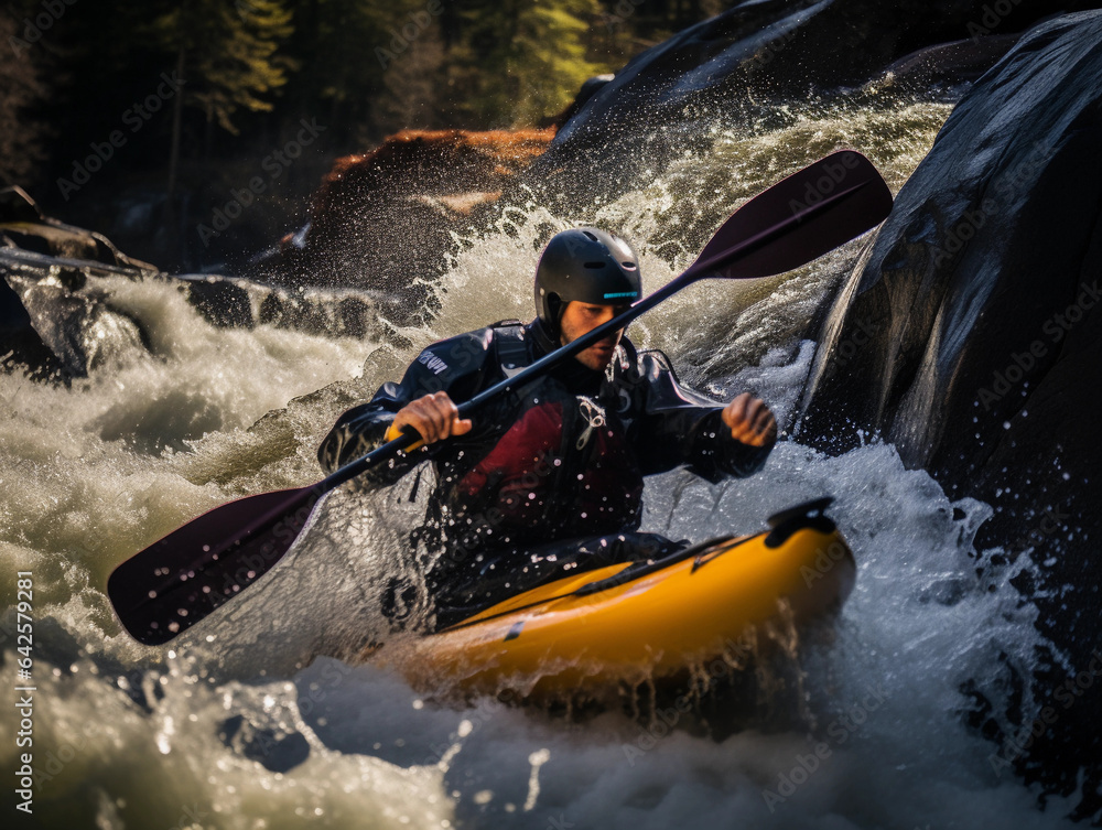 Whitewater Kayaking: Action shot of a kayaker navigating a class V rapid, water droplets in mid - air, rocks and forested cliffs framing the image