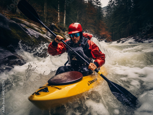 Whitewater Kayaking: Action shot of a kayaker navigating a class V rapid, water droplets in mid - air, rocks and forested cliffs framing the image © Marco Attano