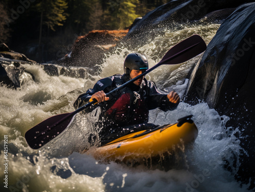 Whitewater Kayaking: Action shot of a kayaker navigating a class V rapid, water droplets in mid - air, rocks and forested cliffs framing the image