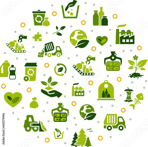 Waste management vector illustration. Green concept with icons related to recycling industry, reusing resources, trash / rubbish / junk / waste collection, sorting, processing & disposal.