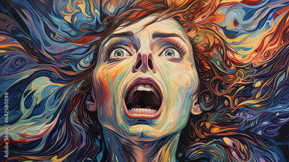 Inner Turmoil Unleashed: A haunting portrayal of a woman's psyche engulfed in traumatic chaos, merging with her emotions in a swirl of colors