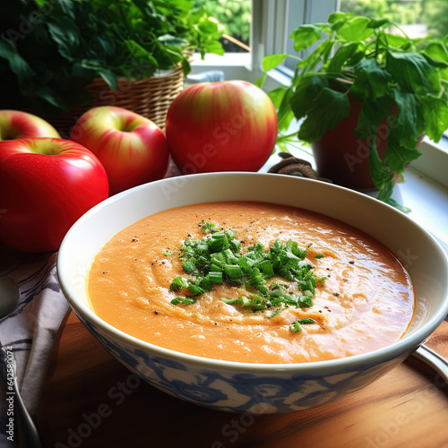 A bowl of fresh creamy tomato soup, with chopped celery, surrounded by red apples, with a pot of Basel nearby.