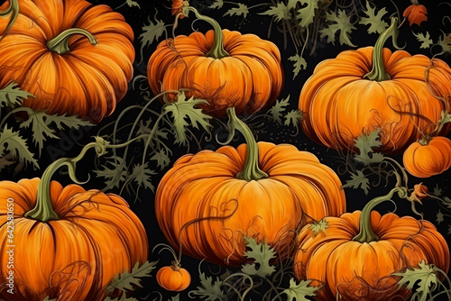 Seamless Halloween Pattern with Pumpkins on black background.