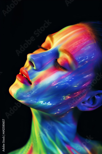 An AI-Generated photo of the face of a beautiful and modern woman is bathed in the ethereal glow of rainbow light. The harmonious connection of the empowering feminine energy of the rainbow. 