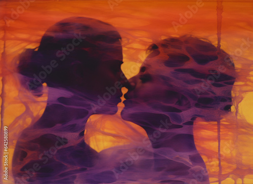 AI-generated photo of a couple of genderless digital avatars sharing intimacy in the virtual space. A symbol of the beauty that emerges when souls unite beyond gender or race.