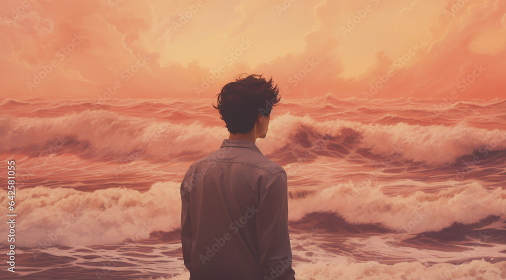 AI-generated metaphor of a man contemplating the sun on the beach. Being under the cloud of his thought and trying to find himself on a shifting sand of experience. Reflection on pursuit of happiness. - obrazy, fototapety, plakaty 