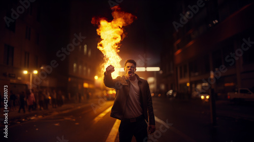 Narrative impactful AI-generated photo of a man in front of the fire in the middle of the riot. The urgency of societal change. Echoes the spirit of protests. Radical riot, fire