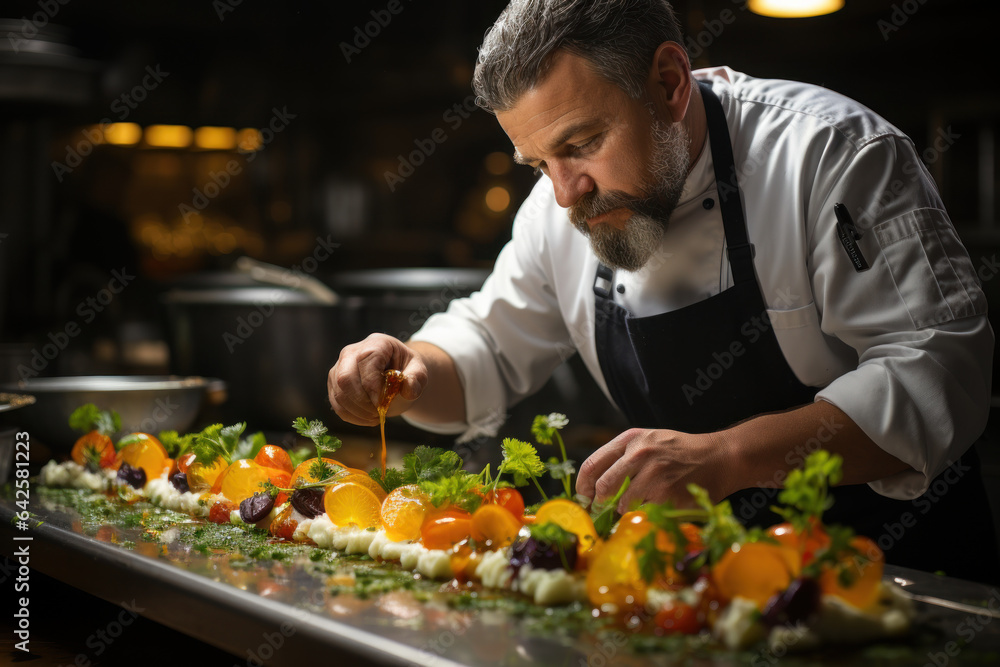 A chef prepares a dish with intricate plating, combining flavors, textures, and visual appeal as part of their sensory-driven culinary style. Generative AI.