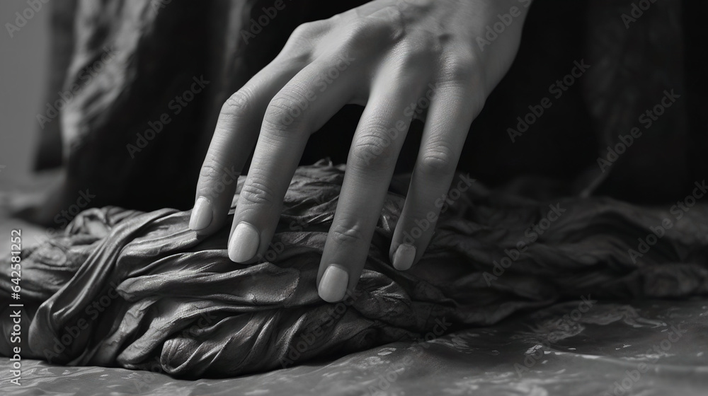 An AI-Generated photo of a feminine manicured hand gently guides a piece of ceramic clay. The elegant molding of creativity and craftsmanship with this evocative depiction.