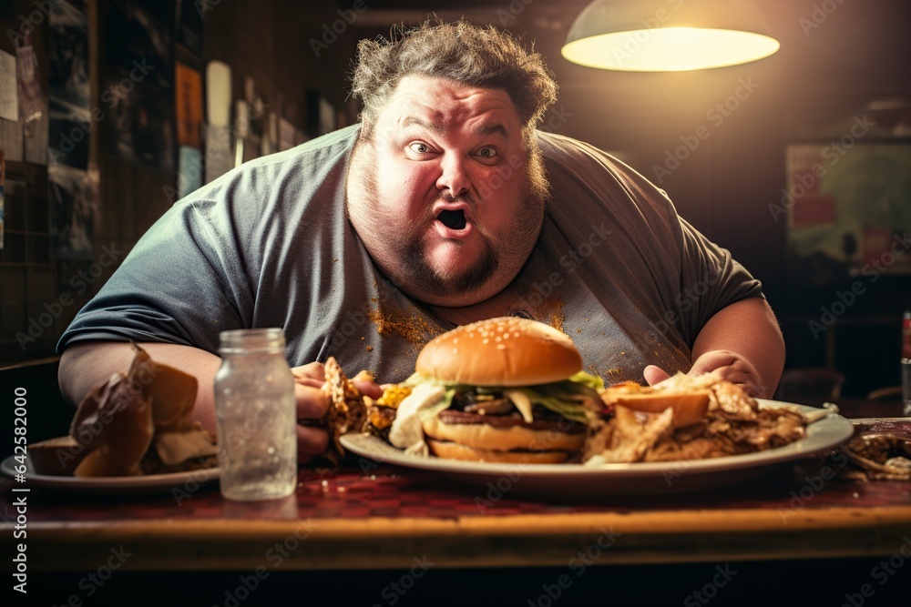 fat man eating fast food or junk food - obrazy, fototapety, plakaty 